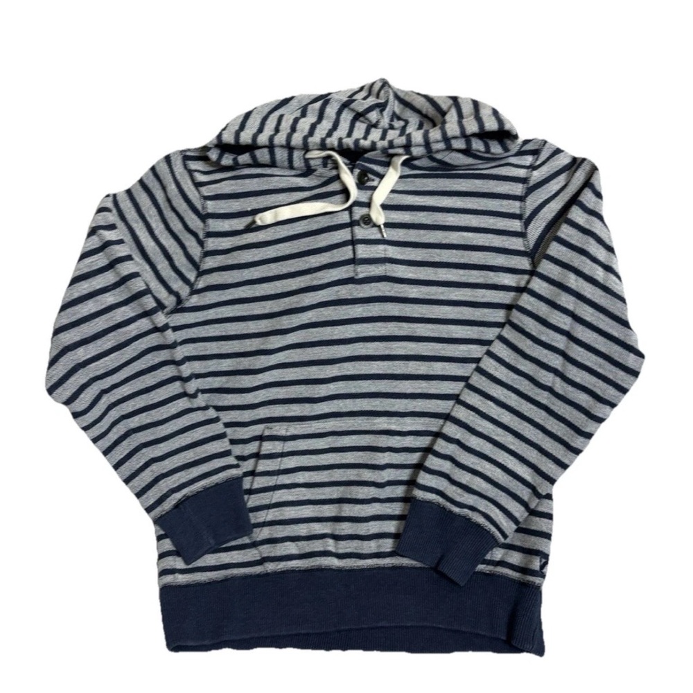 American Eagle Mens M Baja Hoodie Pullover Gray Navy Striped Sweater